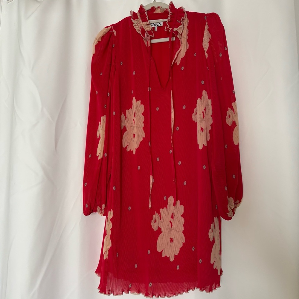 Ganni Red Tie Front Georgette Mini Dress Lollipop - Picture 3 of 8